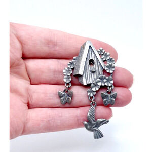 Vintage Pewter Birdhouse Butterfly Bird Lapel Pin Brooch Articulated Nature 2.5"
